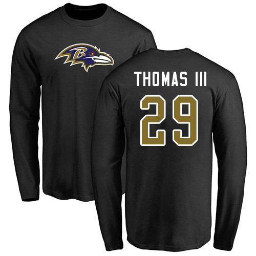 Men Baltimore Ravens Black Earl Thomas III Name and Number Logo NFL Football 29 Long Sleeve T Shirt